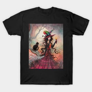 October Flame Witch Cat Halloween Fantasy Art T-Shirt